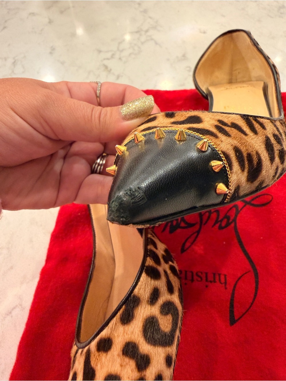 Christian Louboutin Leopard Print Pointed Toe Pumps with Black Caps - Picture 7 of 8